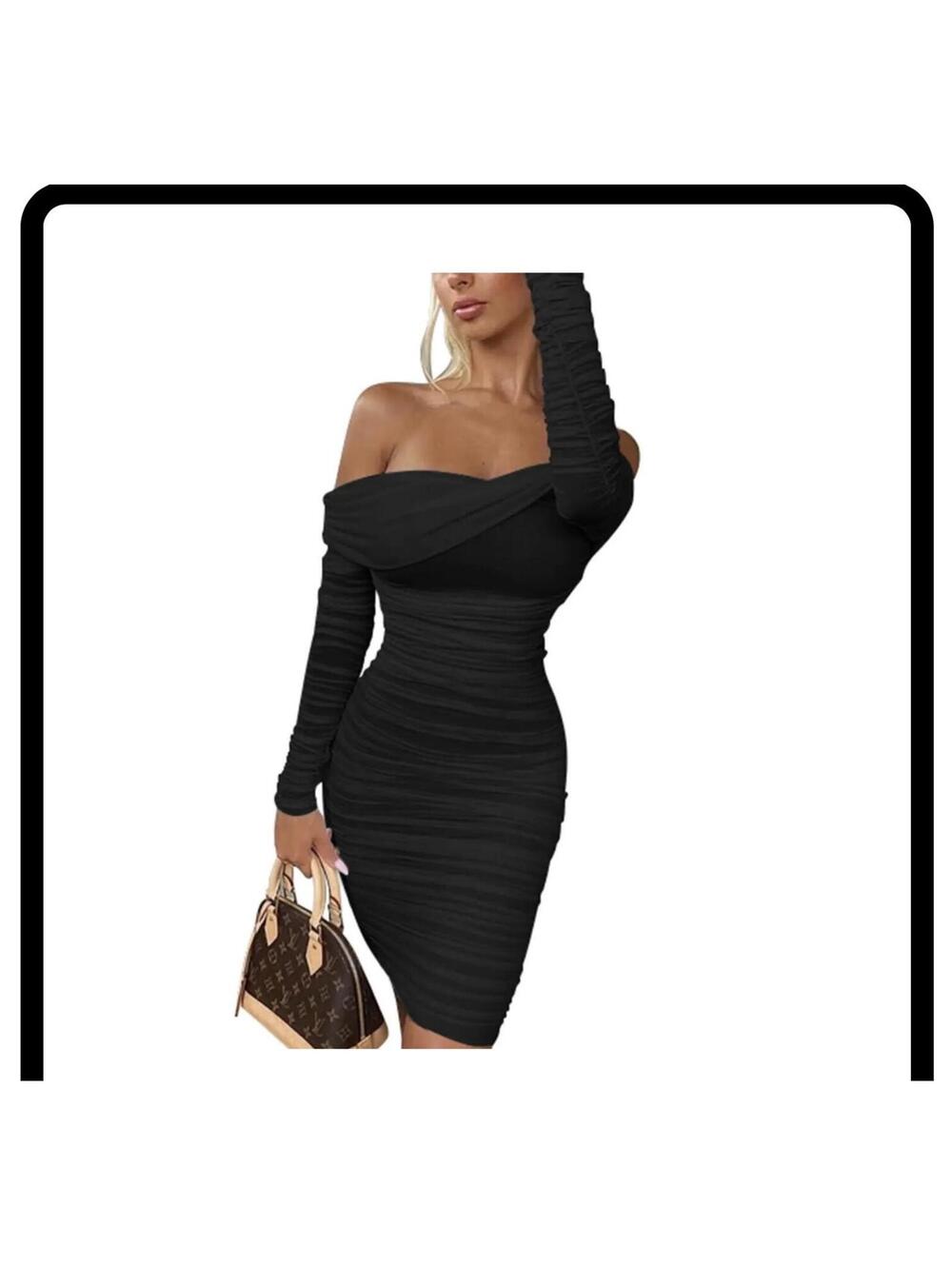 Viral OYS Off Shoulder Long Sleeve Bodycon Mesh Ruched Dress